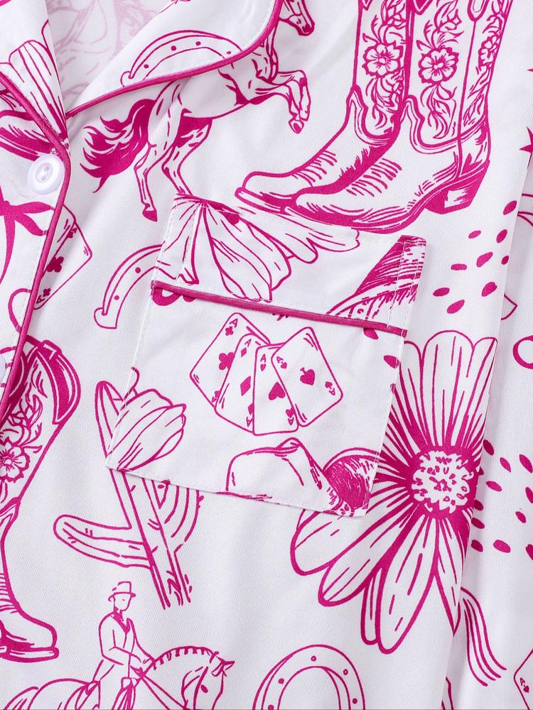 Women's 2-Piece Pajama Set, Hunter Boot Print, Holiday Party Sleepwear, Soft Shirt Collar Top & Elastic Pants, Casual Home Wear