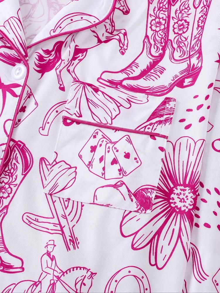 Women's 2-Piece Pajama Set, Hunter Boot Print, Holiday Party Sleepwear, Soft Shirt Collar Top & Elastic Pants, Casual Home Wear