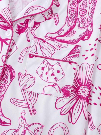 Women's 2-Piece Pajama Set, Hunter Boot Print, Holiday Party Sleepwear, Soft Shirt Collar Top & Elastic Pants, Casual Home Wear