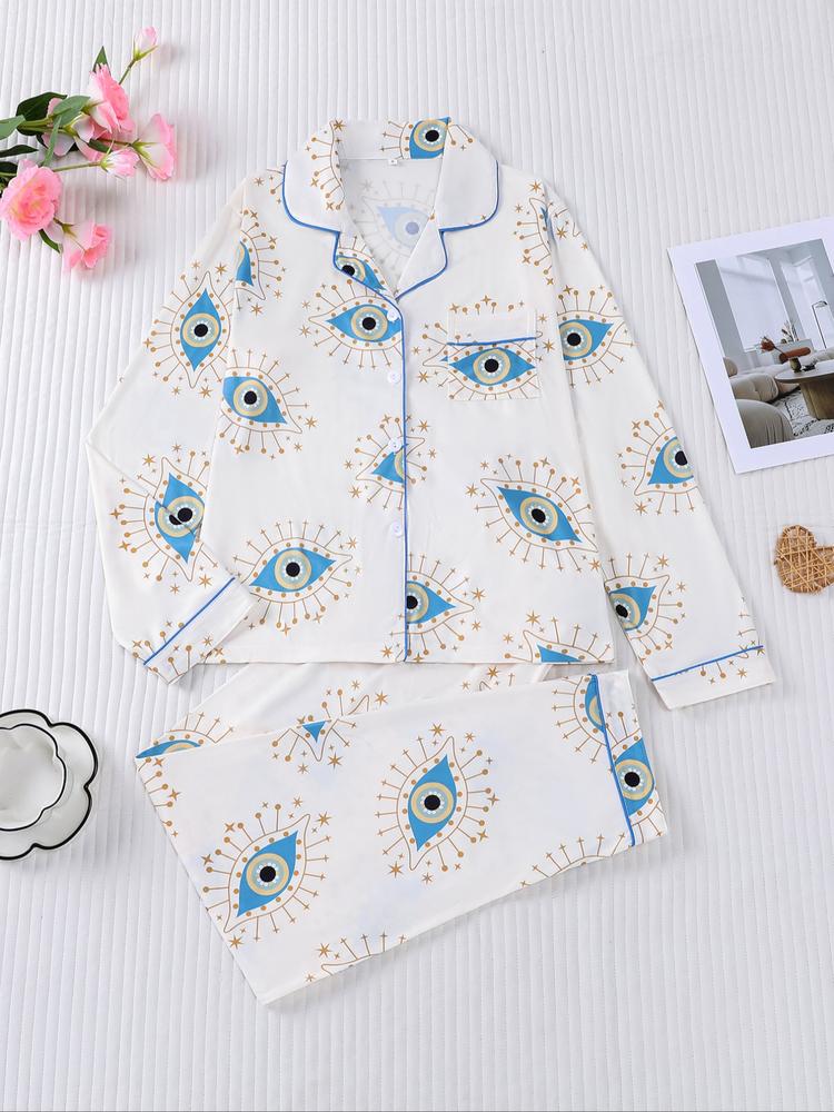 Women's Sleepwear Set, Eye Pattern Print, Holiday Party Pajamas, Soft Shirt Collar Top & Elastic Pants, Casual Home Wear