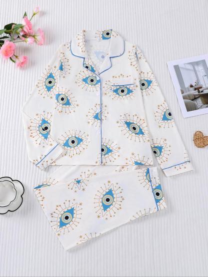 Women's Sleepwear Set, Eye Pattern Print, Holiday Party Pajamas, Soft Shirt Collar Top & Elastic Pants, Casual Home Wear