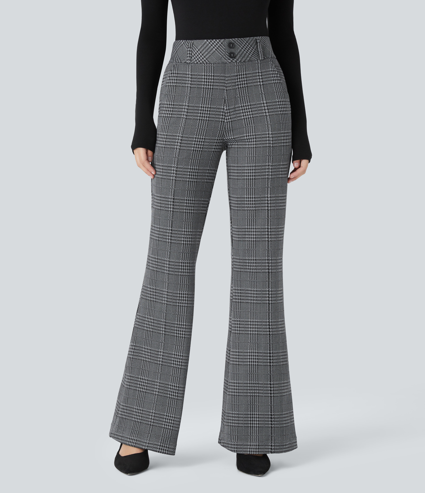 FlexHigh Waisted Decorative Pocket Houndstooth Plaid Work Flare Pants