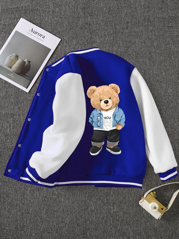 Boys' Spring & Fall Cartoon Bear Print Jacket, Comfortable Casual Sports Outerwear, Fitted Style, Moderate Fabric Thickness