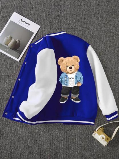 Boys' Spring & Fall Cartoon Bear Print Jacket, Comfortable Casual Sports Outerwear, Fitted Style, Moderate Fabric Thickness