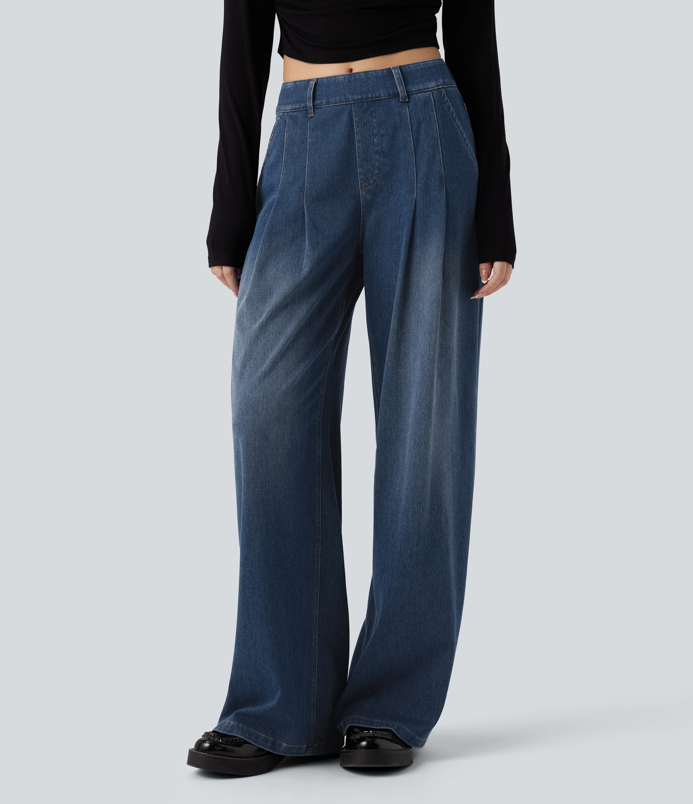 FlexMid Rise Wide Leg Casual Jeans with Pockets