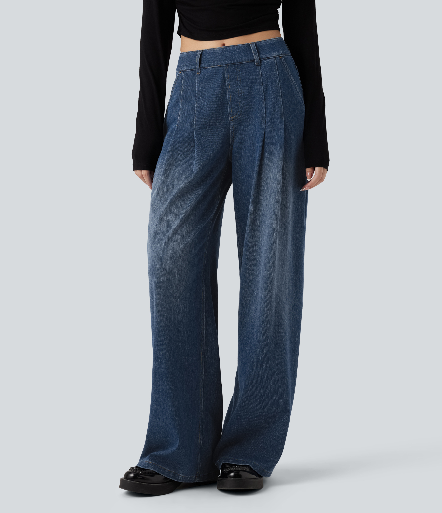 FlexMid Rise Wide Leg Casual Jeans with Pockets