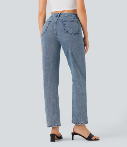 FlexHigh Waisted Zipper Pockets Straight Leg Casual Jeans