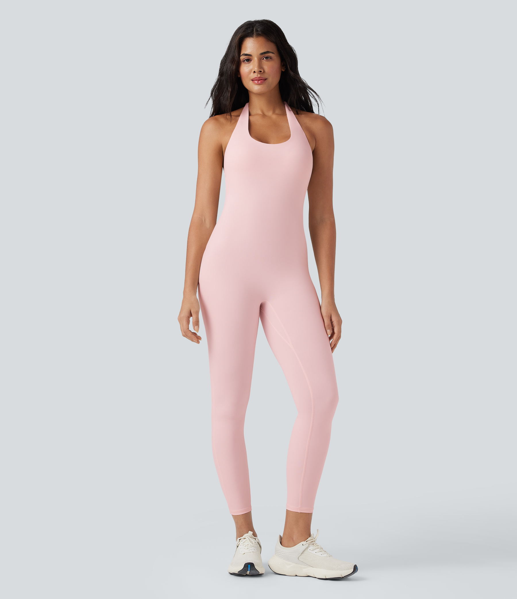 SoftlyZeroAiry Halter Tie Back Cut-out Scrunch Yoga Skinny Jumpsuit