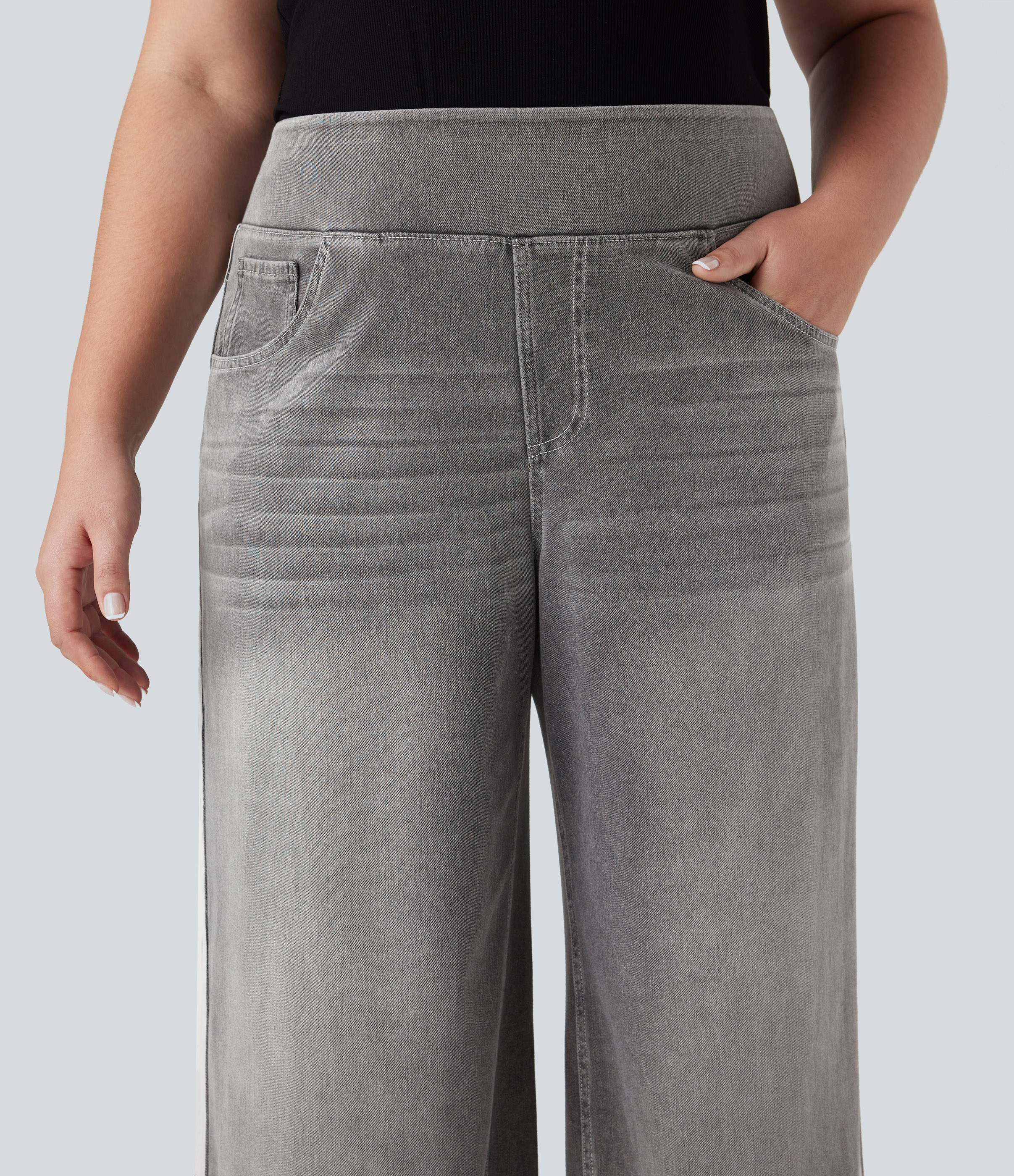 Plus Size FlexHigh Waisted Stripe Wide Leg Flowy Washed Casual Jeans with Pockets