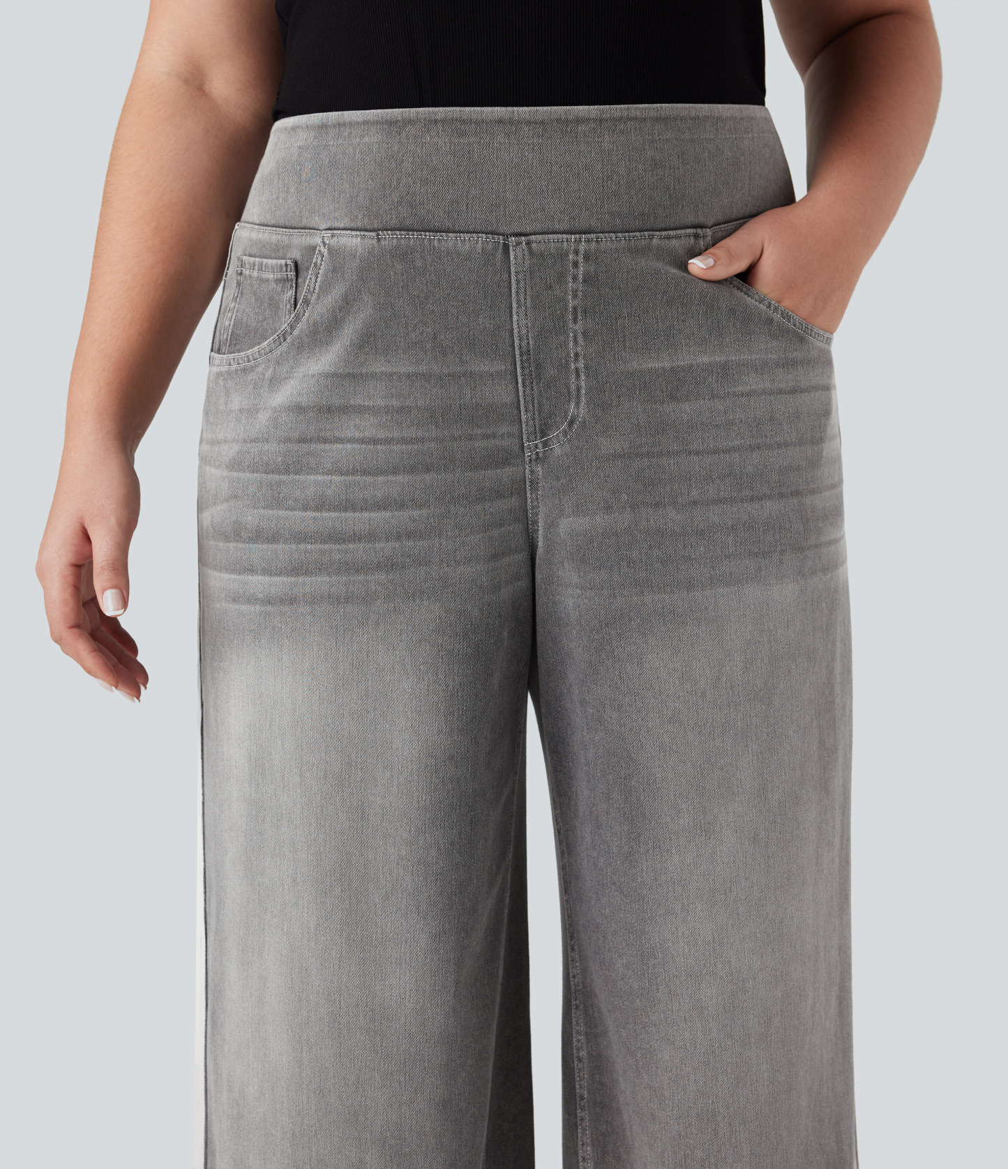 Plus Size FlexHigh Waisted Stripe Wide Leg Flowy Washed Casual Jeans with Pockets