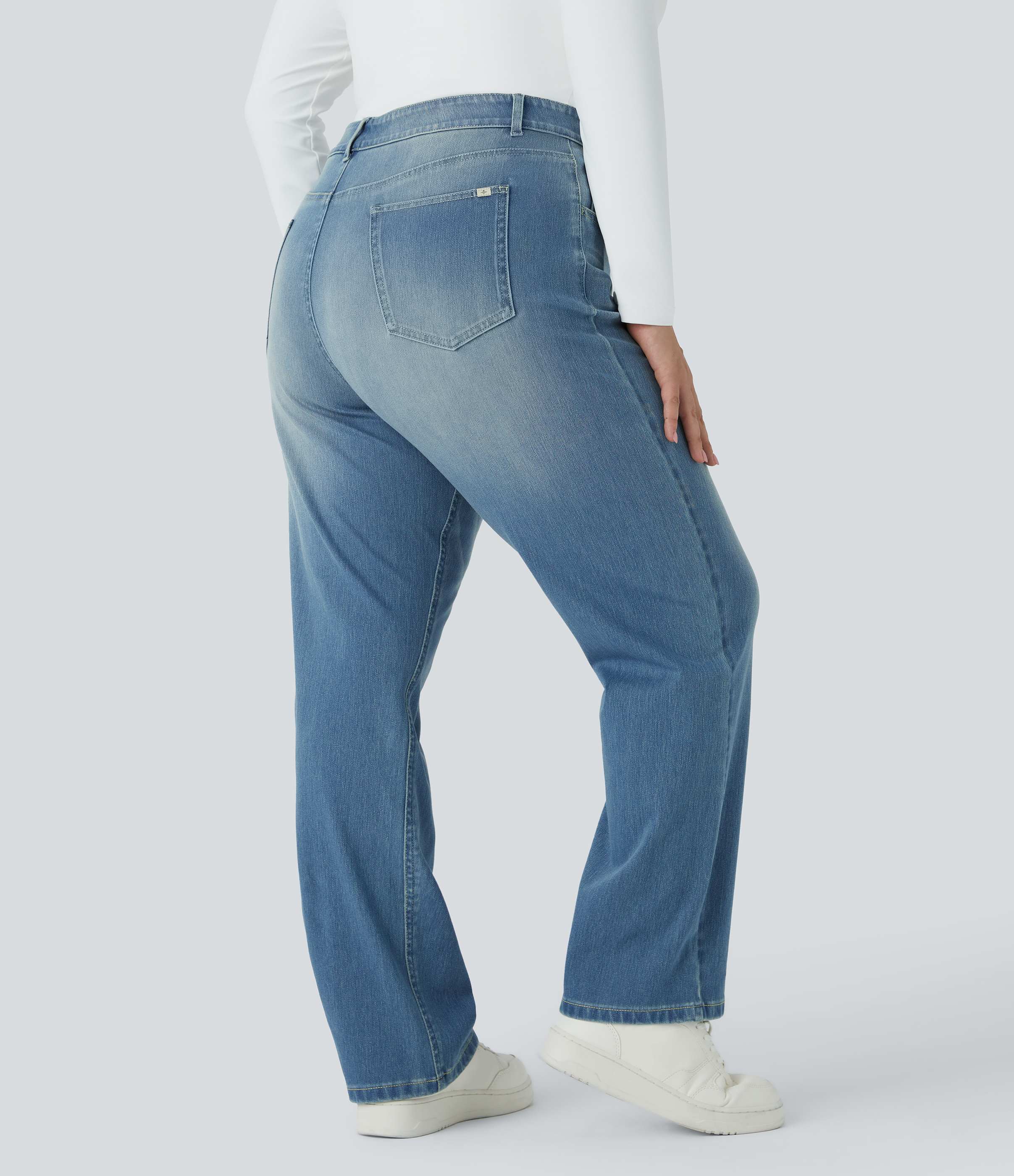 FlexHigh Waisted Pockets Straight Leg Washed Casual Plus Size Jeans