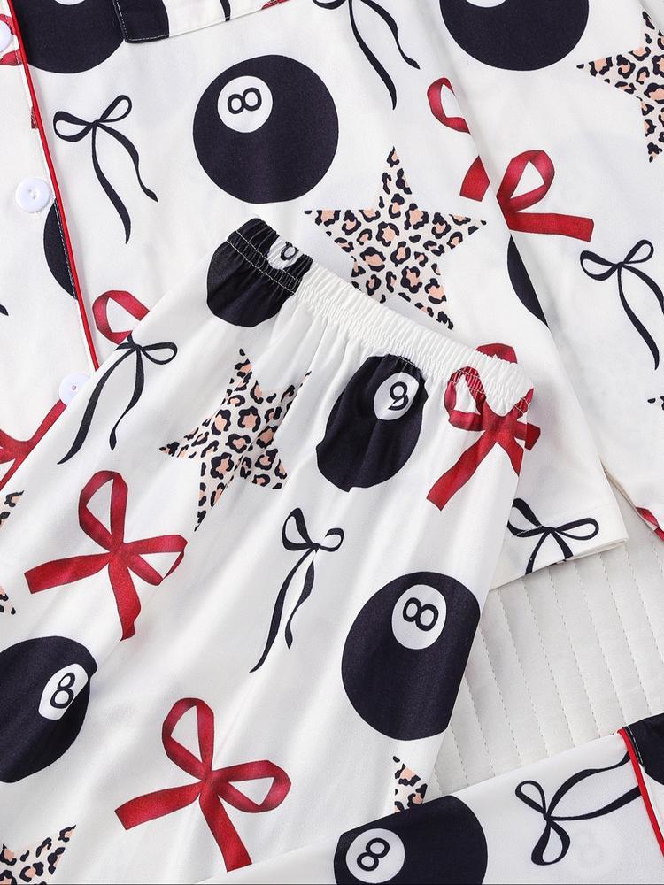 Women's 2-Piece Sleepwear Set, Holiday Party Pajamas, Long Sleeve Button-Down Soft Top and Loose Elastic Pants, Casual Home Wear