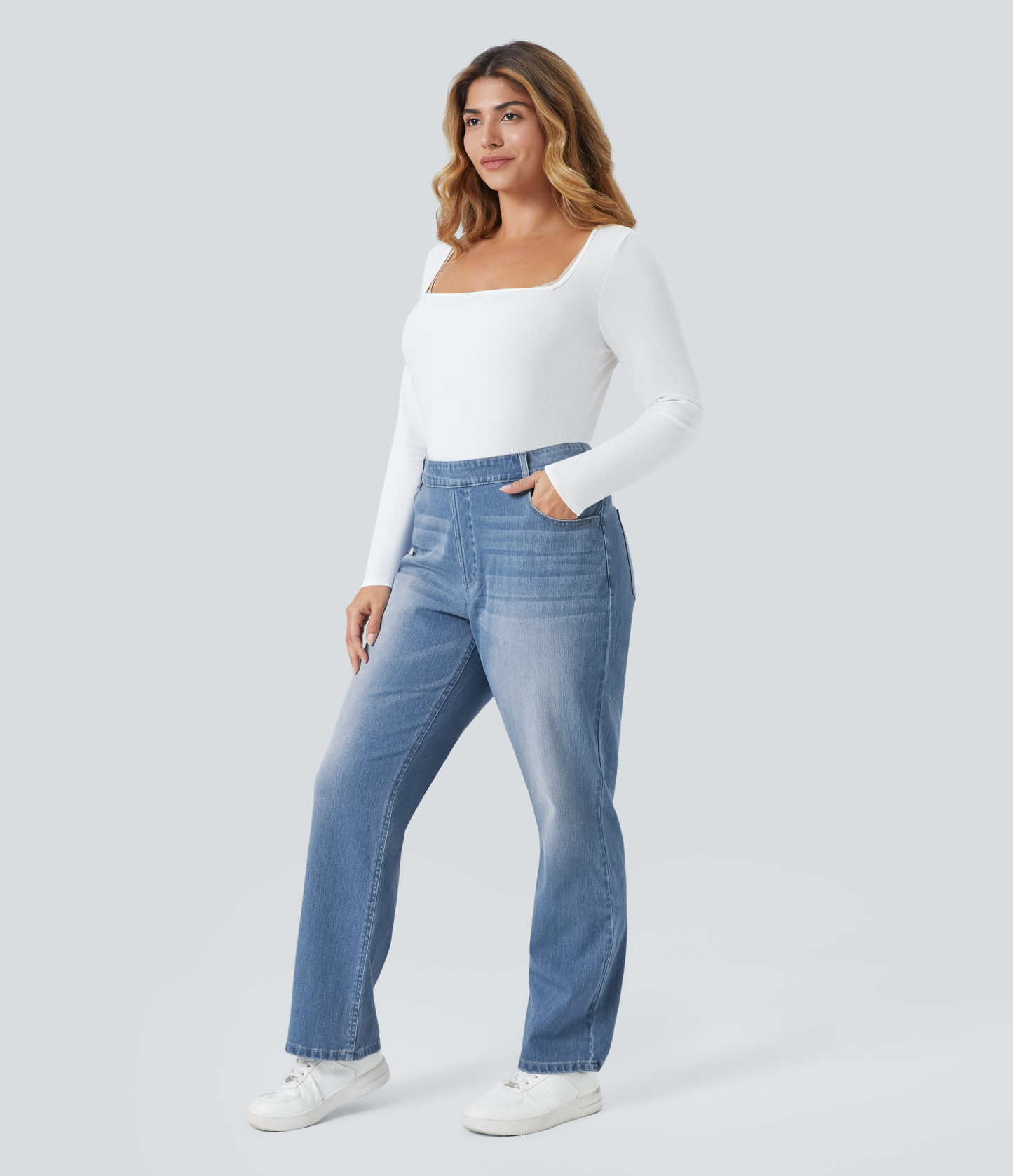 FlexHigh Waisted Pockets Straight Leg Washed Casual Plus Size Jeans