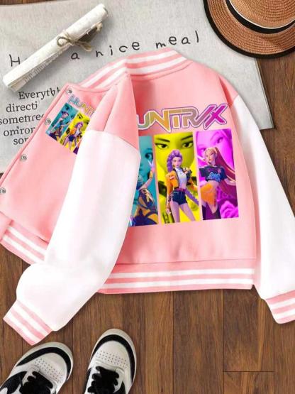 Girls' Halloween Christmas Short Baseball Jacket Coat, Casual Comfy Jacket, Casual Sports School Uniform, Elastic Fabric, Youth Fashion Outerwear