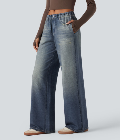 FlexMid Rise Wide Leg Casual French Terry Baggy Sweatpants Jeans with Pockets