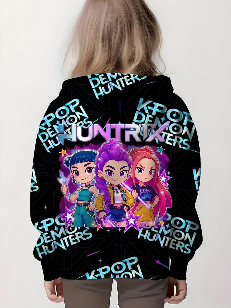 Girls Kpop Demon Hunters Korean Fashion Hoodie, Comfortable Spring & Fall Sweatshirt, Durable Random Print, Perfect Christmas Gift