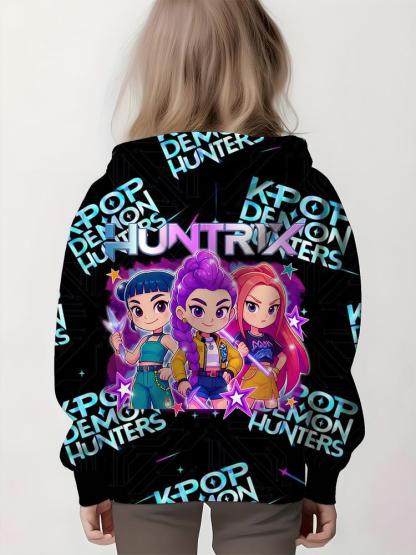 Girls Kpop Demon Hunters Korean Fashion Hoodie, Comfortable Spring & Fall Sweatshirt, Durable Random Print, Perfect Christmas Gift