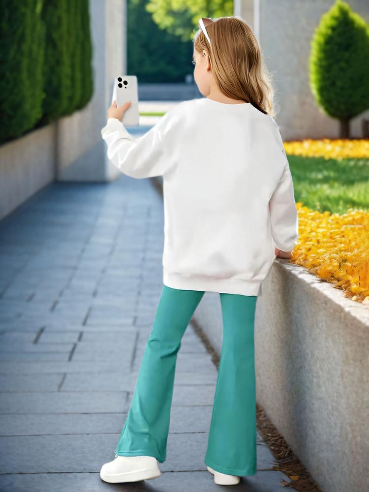 Girls' Cartoon Print Sweatshirt & Elastic Leggings Set, Casual Fitted for Spring & Fall, Kids Outdoor Indoor Activities