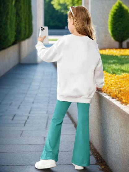 Girls' Cartoon Print Sweatshirt & Elastic Leggings Set, Casual Fitted for Spring & Fall, Kids Outdoor Indoor Activities