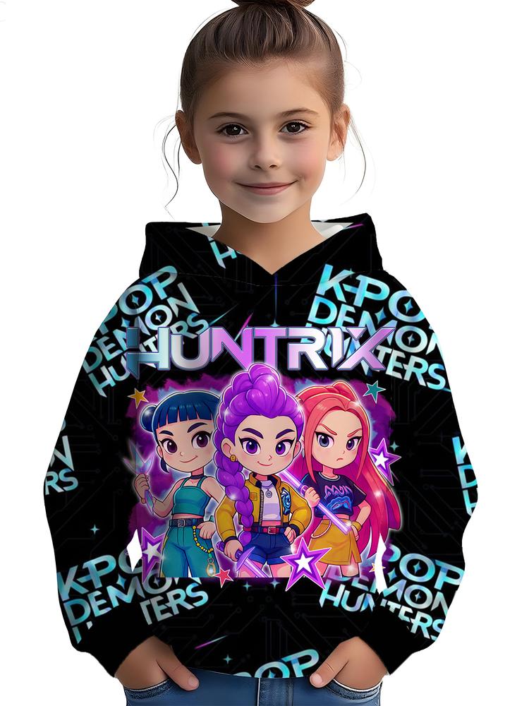 Girls Kpop Demon Hunters Korean Fashion Hoodie, Comfortable Spring & Fall Sweatshirt, Durable Random Print, Perfect Christmas Gift