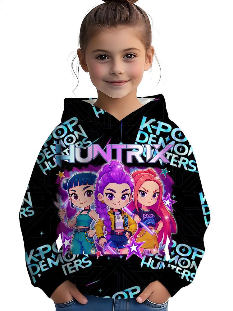 Girls Kpop Demon Hunters Korean Fashion Hoodie, Comfortable Spring & Fall Sweatshirt, Durable Random Print, Perfect Christmas Gift