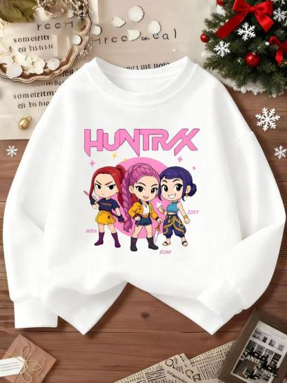 Kpop-Hunter Girl Group Anime Cartoon Print, Elastic Fabric, Girls' Casual Sports Wear, Youth Outdoor & Indoor Activities Hoodie