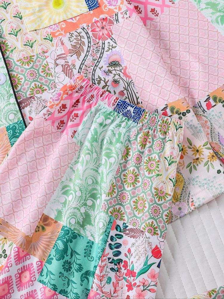 Women's Floral & Plaid Pajama Set, Long Sleeve Button Front Top, Elastic Waist Pants, Casual Fall Winter Sleepwear