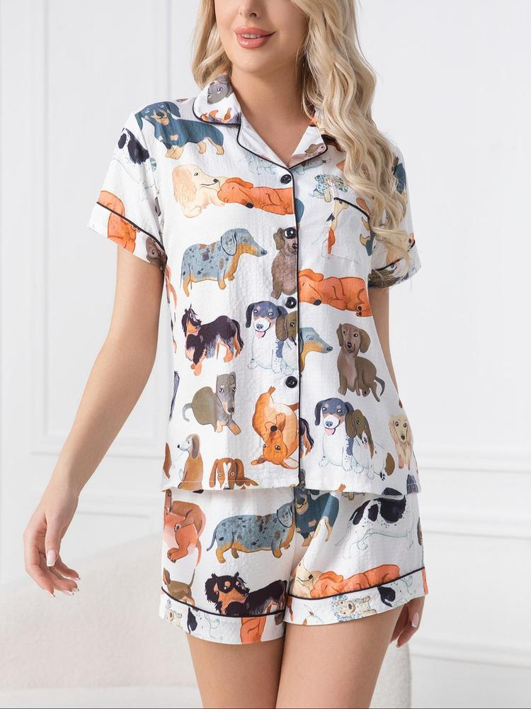 Two-Piece Set Women's Dog Print Lapel Neck Button Front Shirt & Elastic Waist Shorts Textured Pyjama, Casual Comfy Short Sleeve Pocket Top & Shorts PJ Set, Ladies Summer Sleepwear