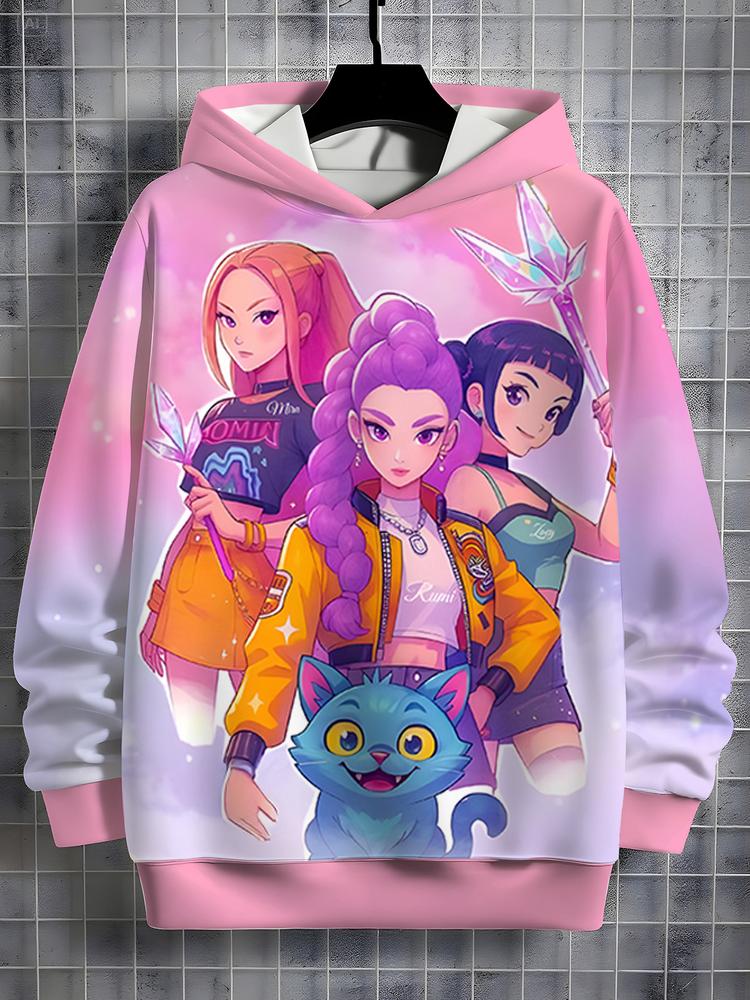 Girls Kpop Demon Hunters Korean Fashion Graphic Casual Hoodie, Spring & Fall Comfortable Sweatshirt, Cute Anime Character Print, Christmas Gift