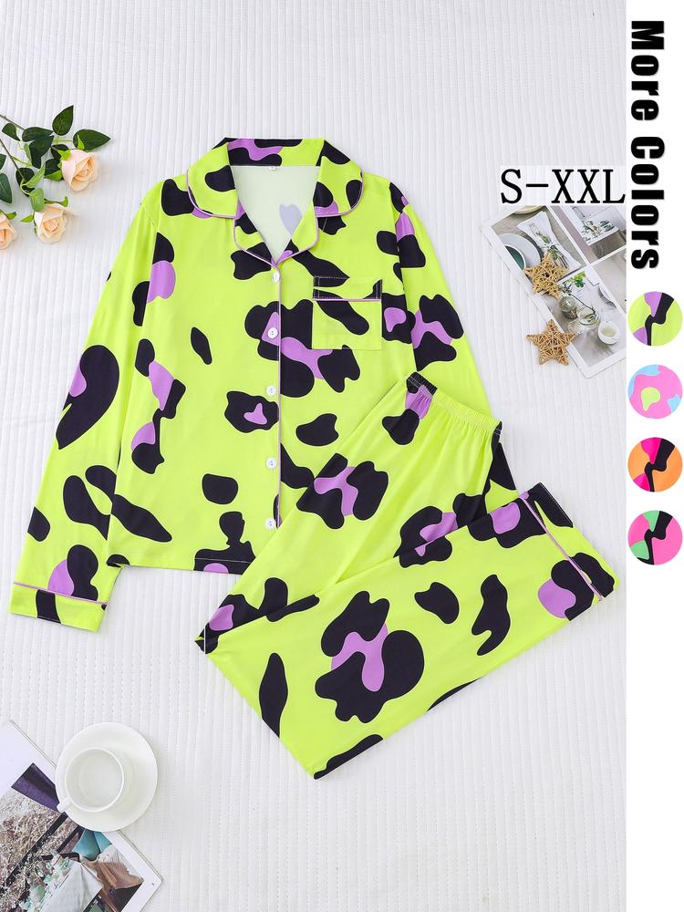 Women's Leopard Print Pajama Set, Casual Fitted Long Sleeve Top & Elastic Pants, Soft Comfortable Sleepwear for Fall Winter
