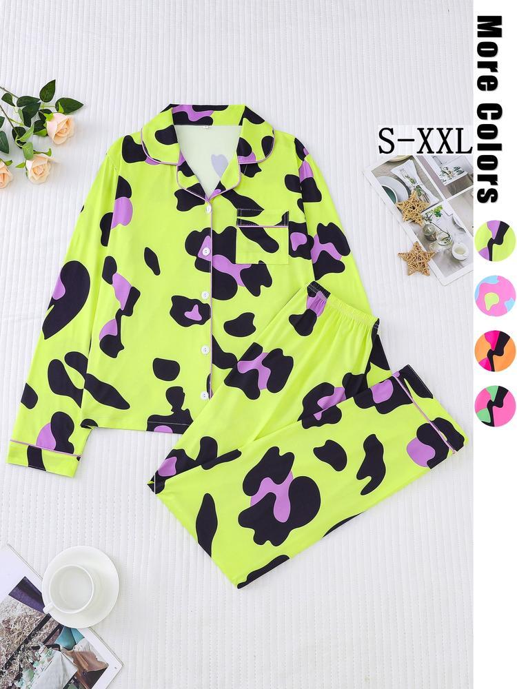 Women's Leopard Print Pajama Set, Casual Fitted Long Sleeve Top & Elastic Pants, Soft Comfortable Sleepwear for Fall Winter