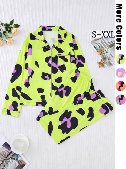 Women's Leopard Print Pajama Set, Casual Fitted Long Sleeve Top & Elastic Pants, Soft Comfortable Sleepwear for Fall Winter