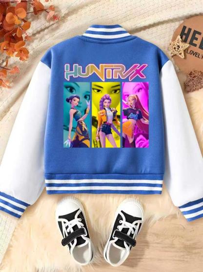 Girls' Halloween Christmas Short Baseball Jacket Coat, Casual Comfy Jacket, Casual Sports School Uniform, Elastic Fabric, Youth Fashion Outerwear