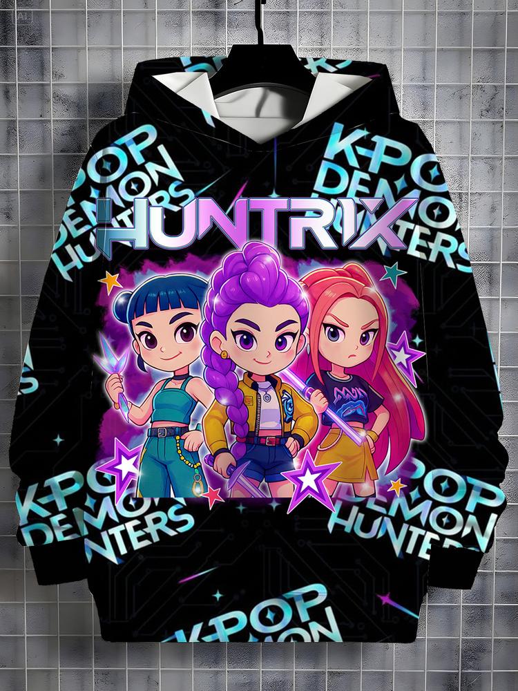 Girls Kpop Demon Hunters Korean Fashion Hoodie, Comfortable Spring & Fall Sweatshirt, Durable Random Print, Perfect Christmas Gift