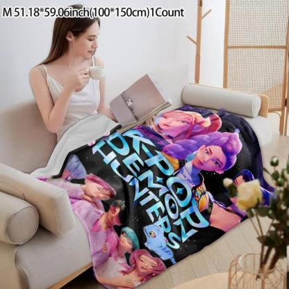 K-Pop Demon Hunter Star Team Blanket, Soft Flannel Sofa Bed Cover, Blue, Lightweight All-Season Travel Camping Home Rug, Figure Print Blanket,Zoey,Mira,Rumi,Huntrix,Sajaboys,Gift For Kids, Gift For Men & Women, K-POP Demon Hunters Merch