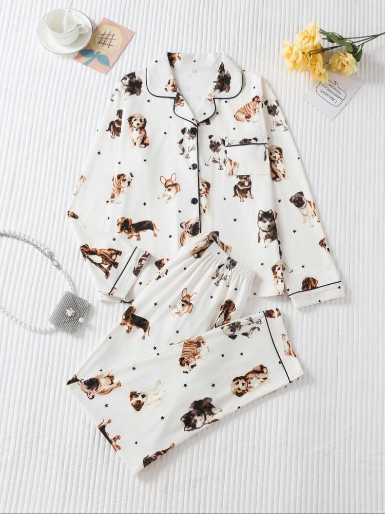 Two-piece Set Women's All Over Dog Print Lapel Neck Button Front Pajama Set, Casual Comfy Long Sleeve Top & Pants Pj Set, Women's Sleepwear for Spring & Fall