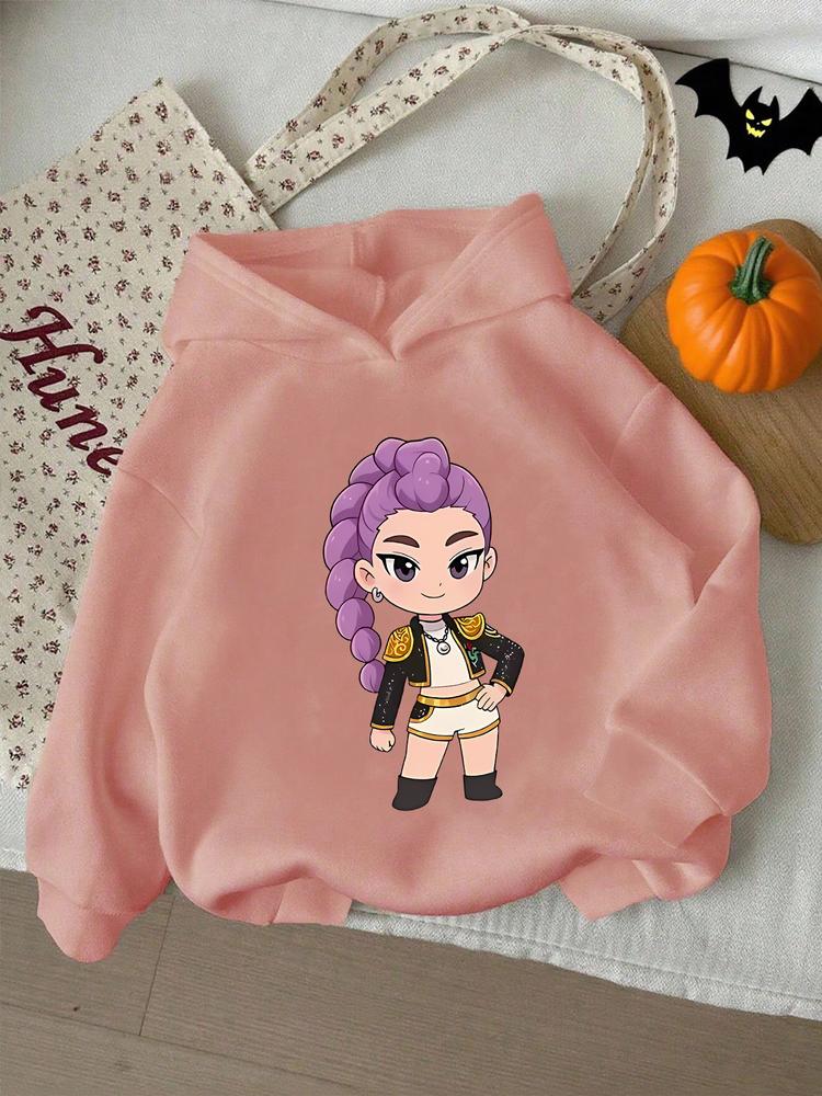 Girls' Kpop Hunter Series Hoodie, Long Sleeve Cartoon Print Pullover, Casual Comfortable Spring & Fall Fashion, Fitted Style, Graphic Casual Hoodie