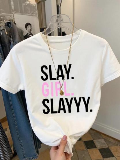 Girls Summer Fashion Creative Letter Print Short Sleeve T-Shirt, Outdoor Casual Comfortable Wear, Fitted Style, Moderate Fabric Thickness Graphic Tee