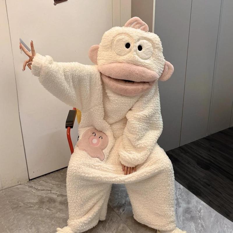 White Ugly Fish Pajamas One-Piece Coral Fleece Thickened Warm Cartoon Big Mouth Fish Homewear for Autumn and Winter