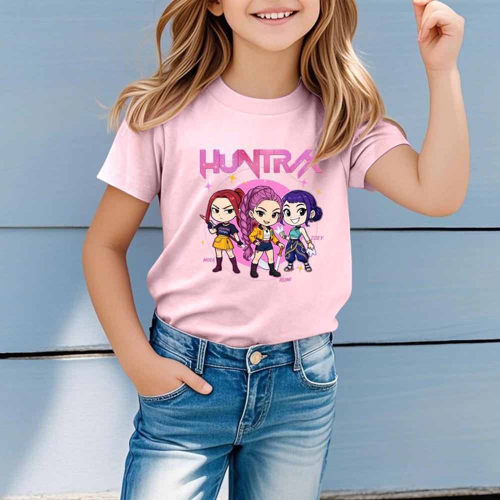 HOT! Kpop Demon Hunters Shirt, Huntrix Girl T-Shirt, Girls Casual Short Sleeve T-Shirts Anime Style Soft Round Neck Tees Comfortable Daily Wear Top for Toddler Teenage Kids