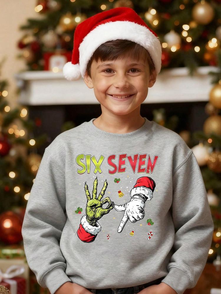 Boys' Spring & Fall Fashion Casual Creative Sweatshirt, Six Seven67 Christmas Series, Gesture Number 67 Print, Long Sleeve, Fitted