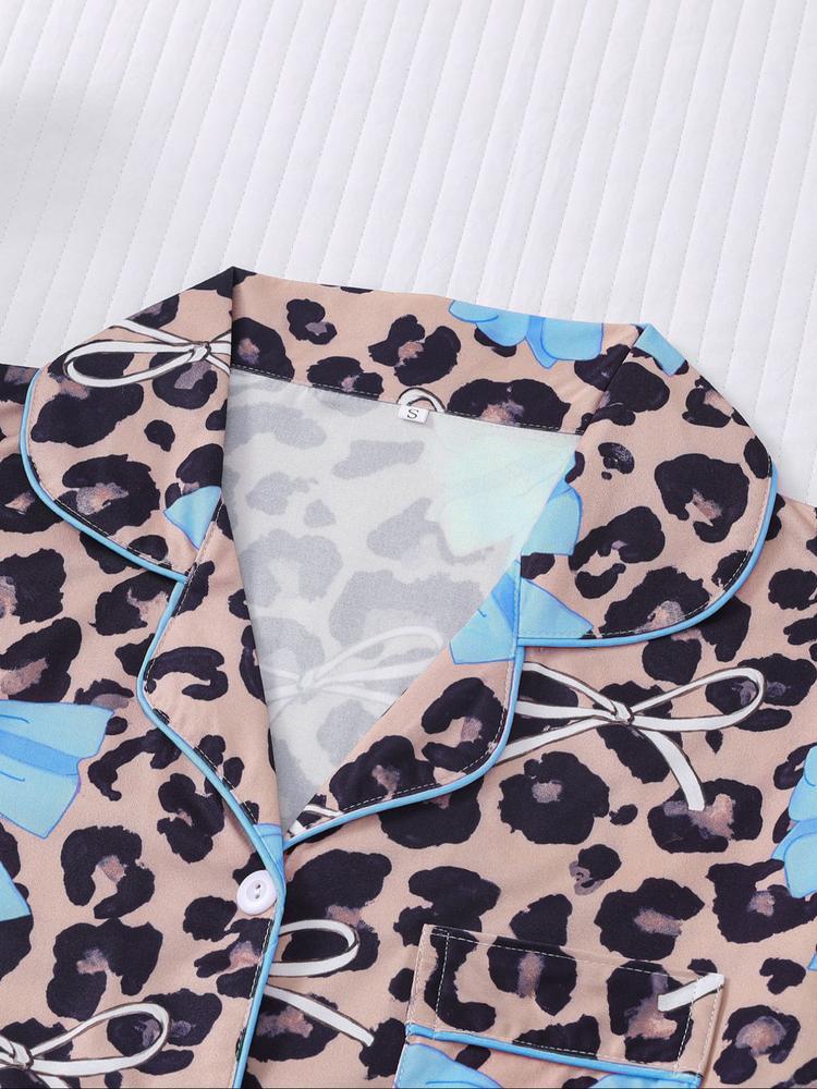 Women's Leopard Bow Printed Sleepwear Set, Casual Holiday, Soft Shirt & Elastic Shorts, All-Season Home Wear