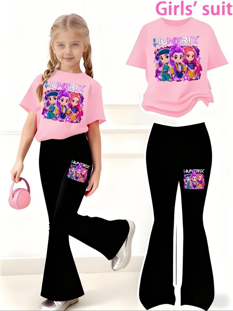 Girls' Kpop Print 2-Piece Set, Casual Sporty Short Sleeve & Bell Bottoms, Comfortable Elastic Waist Pants, Spring Summer