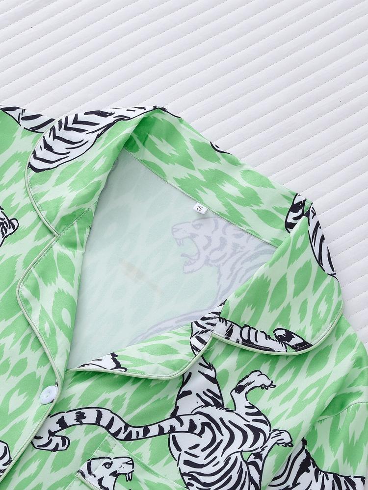 Women's Tiger Print Pajama Set, Fall & Winter Casual Sleepwear, Comfortable Long Sleeve Button-Up Top and Elastic Pants, Home & Outdoor Wear