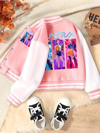 KPOP-Huntress Girl Group  Girls Short Baseball Jacket with Cartoon Design, Fitted Activewear for Kids, Elastic Fabric for Fall & Winter, Trendy School Uniform for Halloween