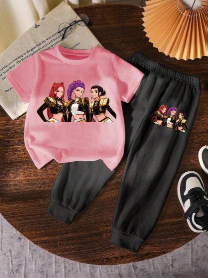 Girls' Kpop Print Short Sleeve T-Shirt & Pants Set, Casual Fashion for Spring & Fall, Comfortable Moderate Fabric, Fitted Style