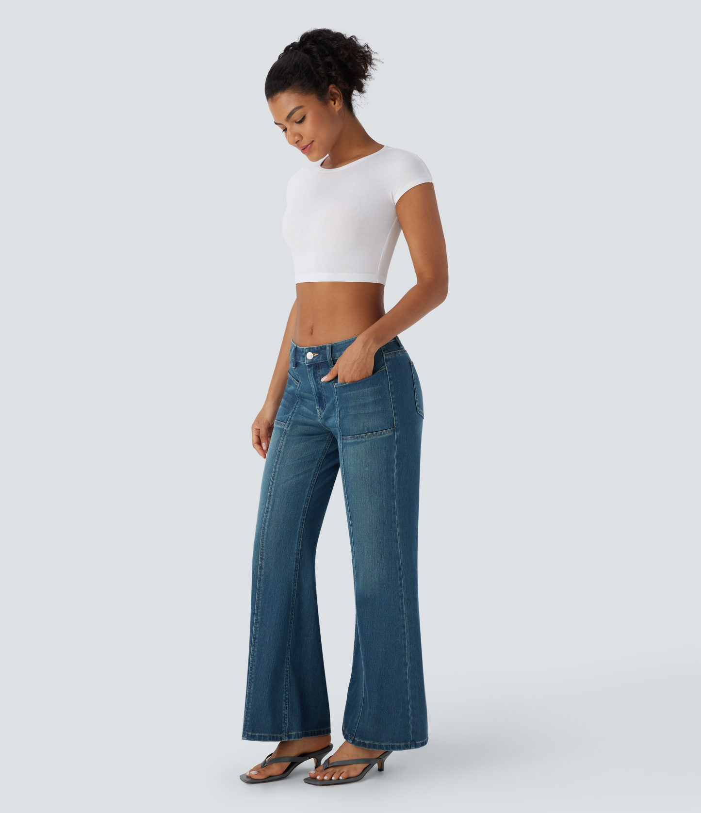 FlexLow Rise Zipper Pockets Baggy Wide Leg Flare Washed Casual Jeans