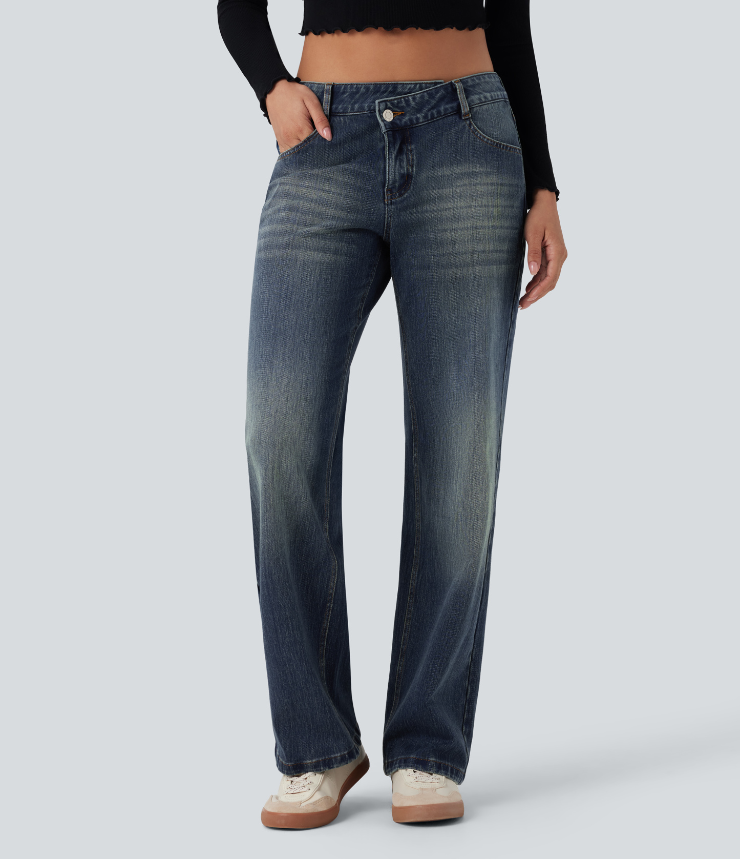FlexAsymmetric Low Rise Straight Leg Casual Jeans with Pockets