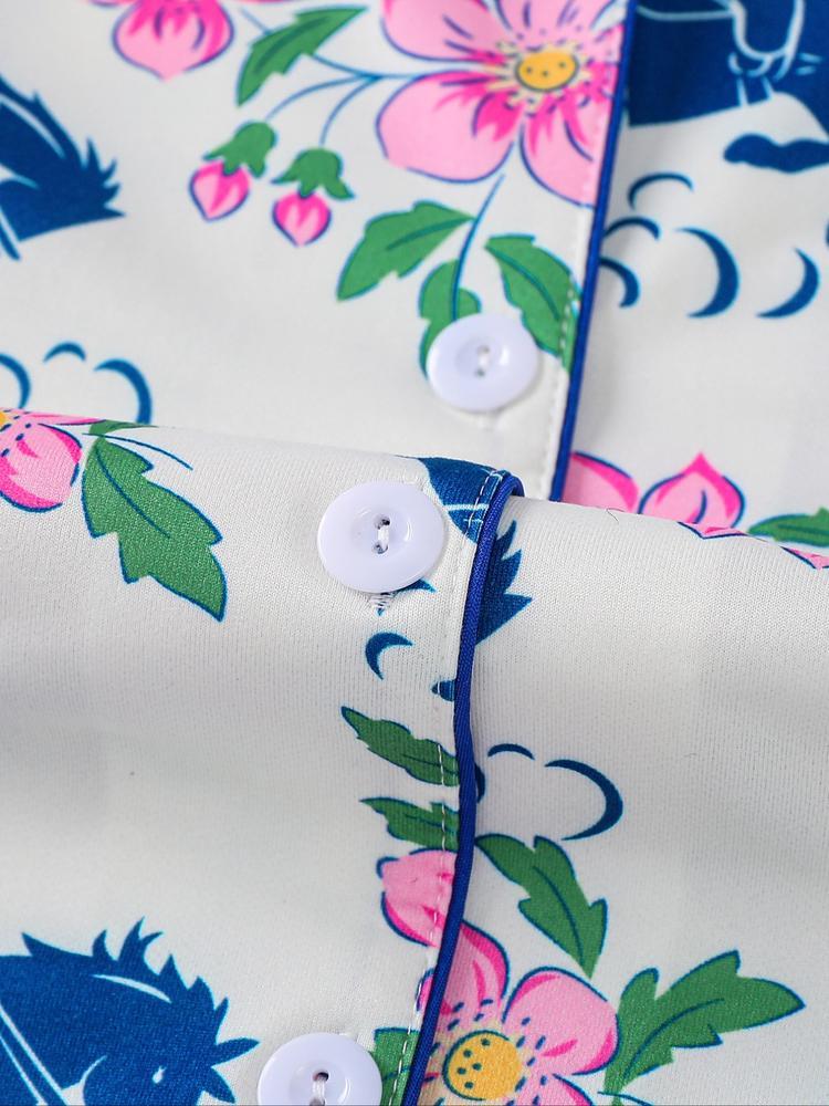 Women's Floral & Horse Print Pajama Set, Long Sleeve Button Front Top, Elastic Pants, Casual Fall Winter Sleepwear