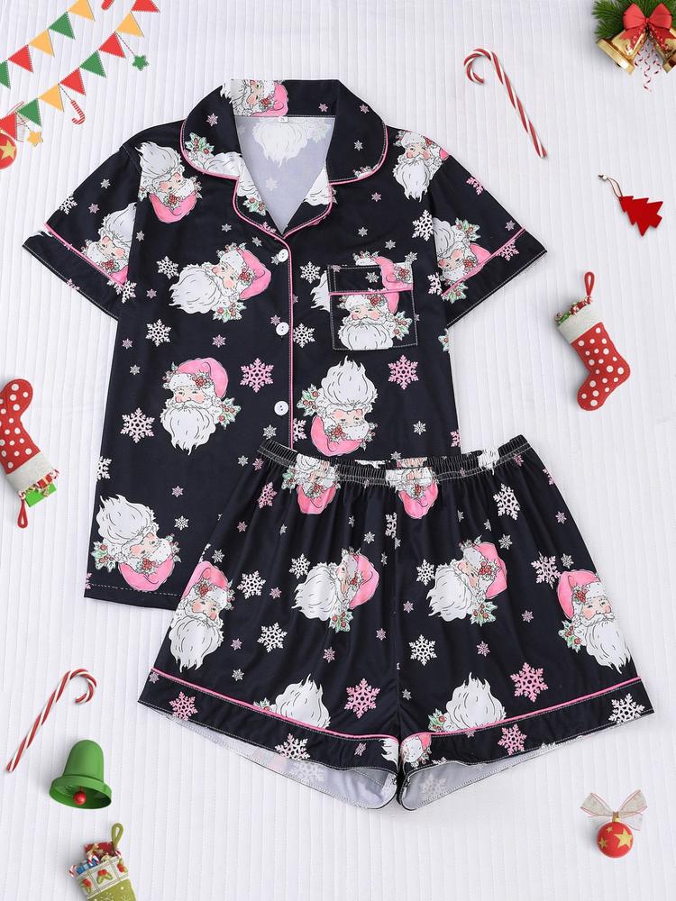 【Christmas】Women's Christmas Pajama Set, Soft Shirt Collar Top & Elastic Shorts, Fitted Casual Home Wear, Holiday Party Sleepwear